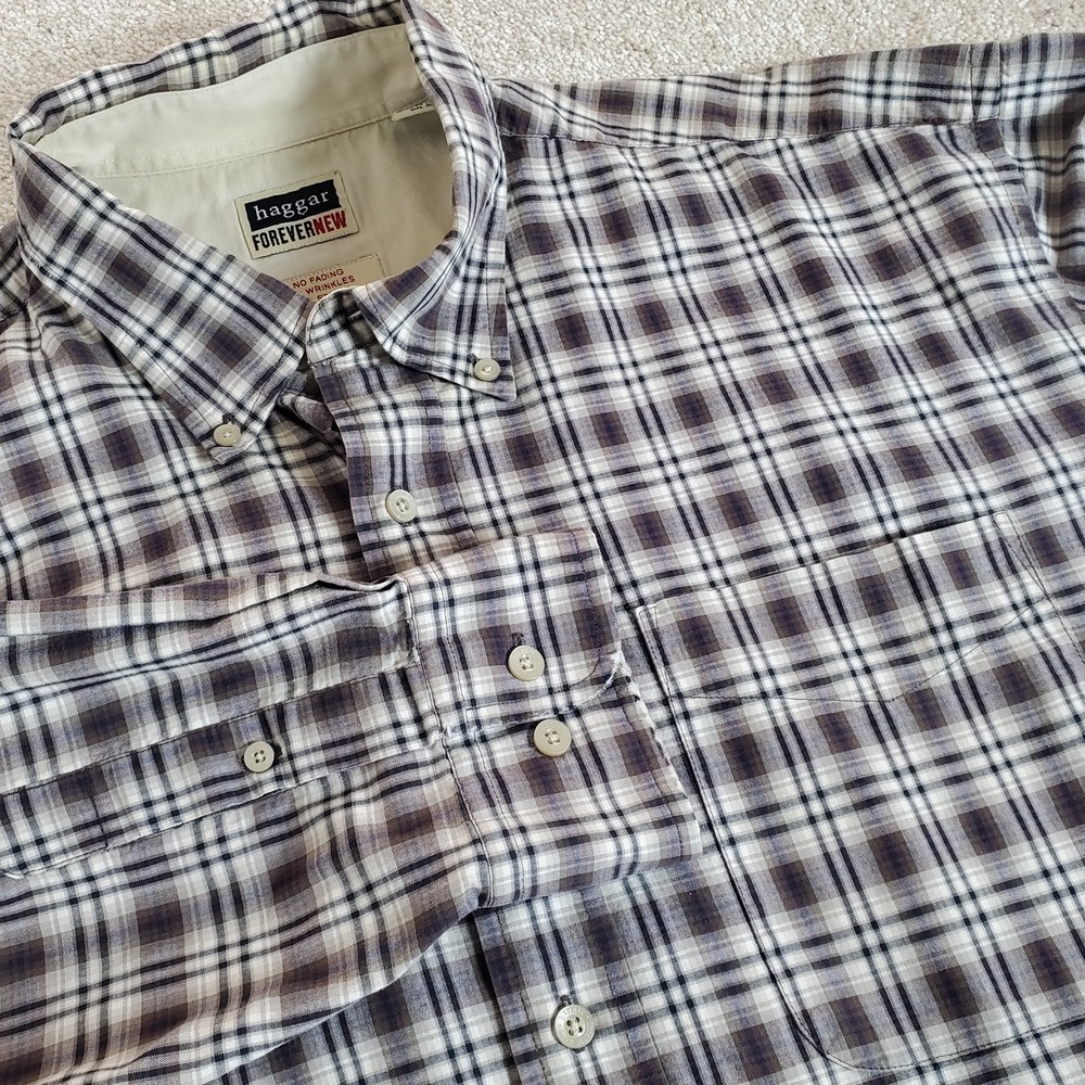 Haggar‎ ForeverNew Shirt Men's Brown Plaid Size XL Long Sleeve